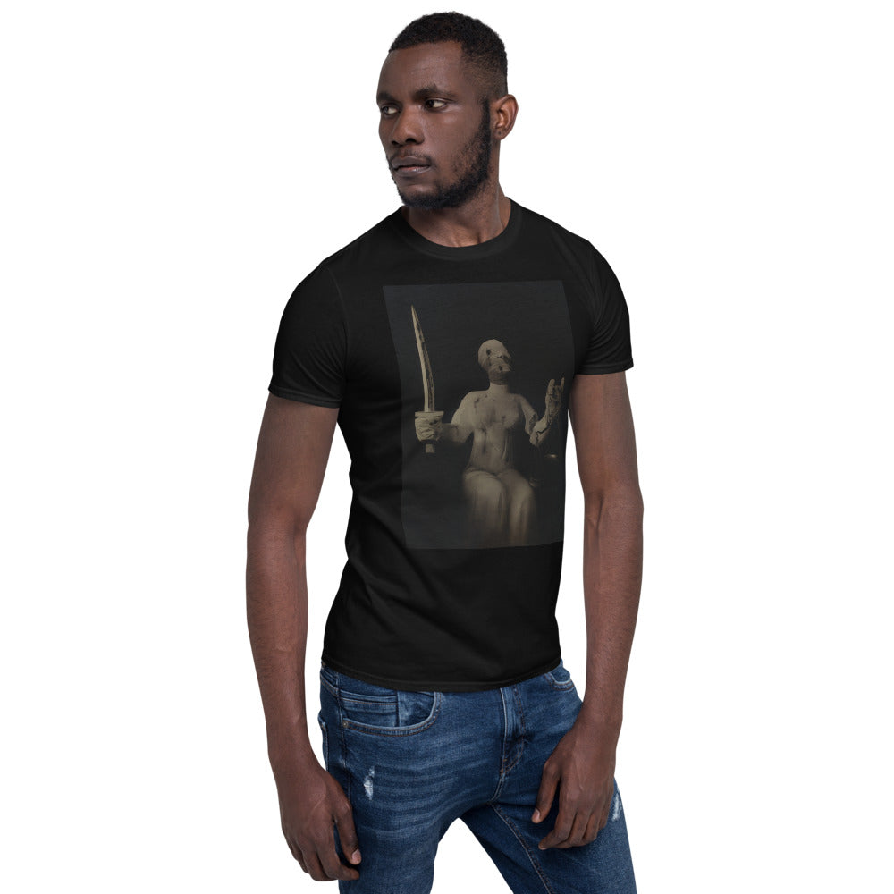 No Justice t-shirt. Famous Dada political artist John Heartfield "Executioner and Justice" photomontage art shows fascist justice.